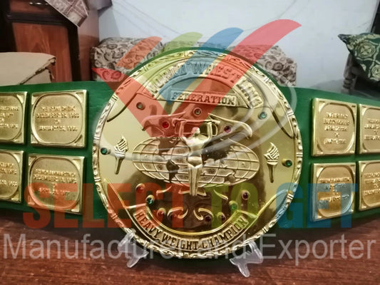 BIG GREEN WORLDWIDE WRESTLING HEAVYWEIGHT CHAMPION BELT 24 K GOLD .